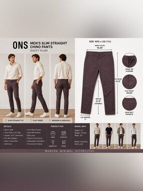ONS Men's Slim Straight Chino Pants W32 Dusty Plum Brownish Hemmed 31.5" inseam